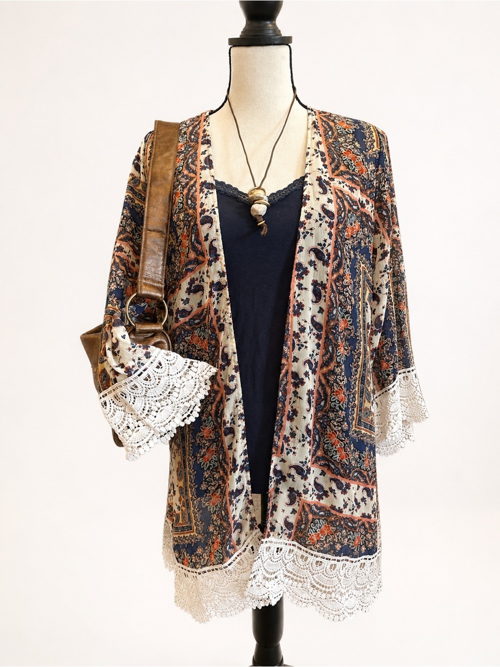 REWIND Paisley Crochet Trim Kimono Cardigan Boho Festival Layering Piece | M